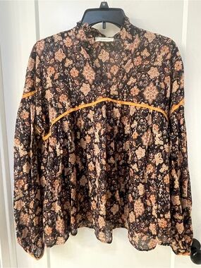 By Together Black/ Brown Floral Long-Sleeve Blouse, Cute! Women's Size Small